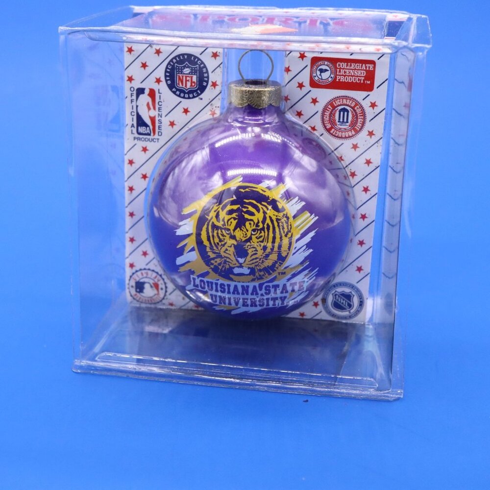Vtg LSU Football Mike the Tiger Purple Glass Christmas Ornament Made in USA NOS